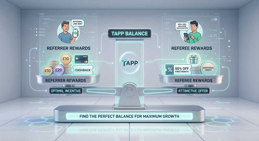 An infographic from Tapp illustrating the benefits of a mobile app referral programme. It contrasts high costs without a programme with a powerful, efficient growth loop. The image shows a referral cycle leading to lower acquisition costs, higher lifetime value, trusted social proof, and efficient growth, all connected to the Tapp platform on a mobile device.