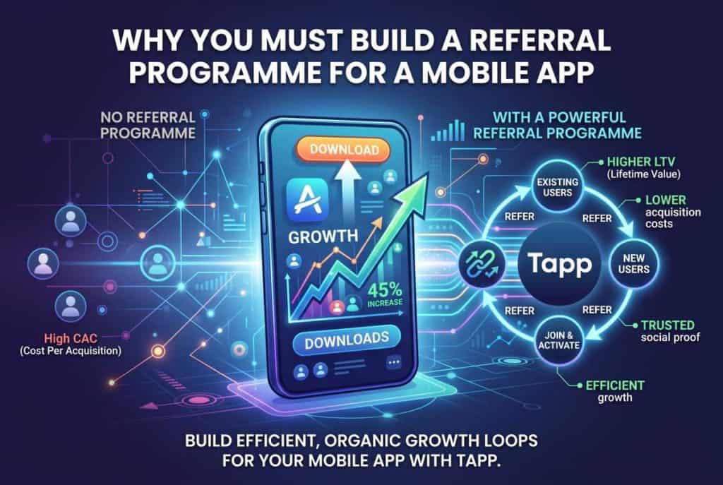 An infographic by Tapp illustrating why mobile apps need a referral programme. It contrasts the high customer acquisition costs of traditional marketing with the efficient, organic growth loop of a referral programme, highlighting benefits like lower costs, higher lifetime value, and trusted social proof.