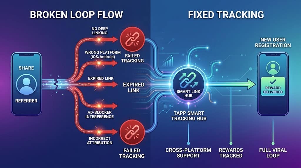 An infographic showing a broken referral tracking flow for a mobile app on the left, with failure points like deep linking and attribution issues, and a successful, corrected flow on the right using the Tapp Smart Tracking Hub.